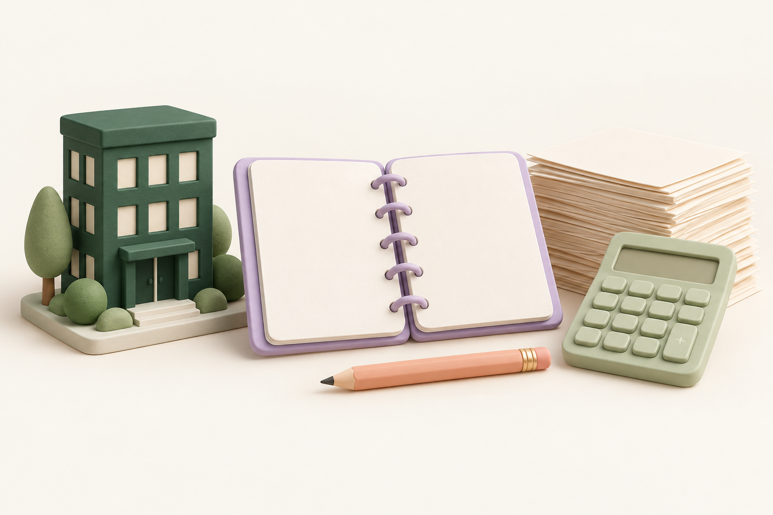 Office building, planner and calculator representing financial year planning