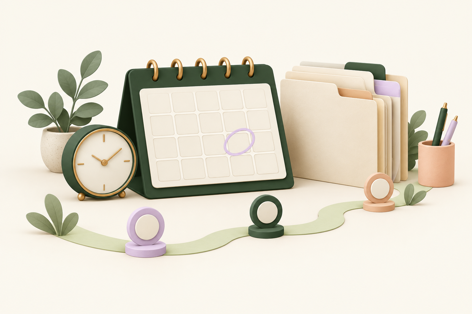 Calendar, clock and document folders representing company filing deadlines